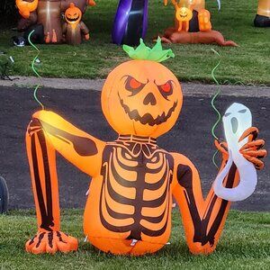 5FT Skeleton Pumpkin Halloween Blow Up Inflatable Decoration with LED Light